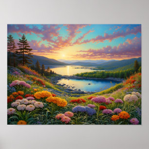 Kleurrijke bergmeer bloemen kunst poster