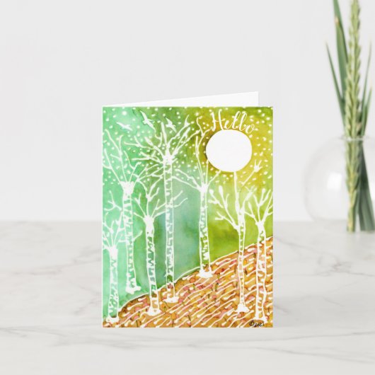 Kleurrijke berkenbomen, maan en vogels Wenskaart Kaart (Voorkant)
