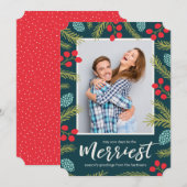 Kleurrijke bessen en pine moderne kerstfoto feestdagenkaart (Voorkant / Achterkant)