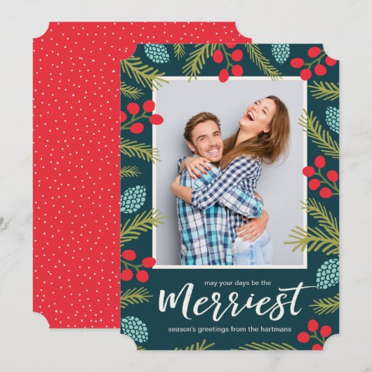 Kleurrijke bessen en pine moderne kerstfoto feestdagenkaart (Voorkant / Achterkant)