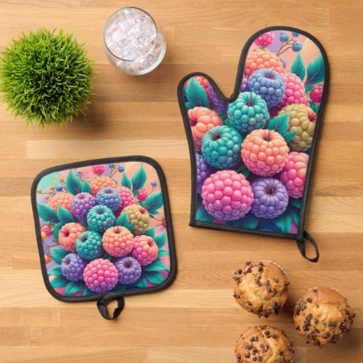 Kleurrijke bessen ovenwant & pannenlap set (Top down)