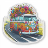 Kleurrijke bestelwagen met bloemen op Sunny Road Sticker (Voorkant)