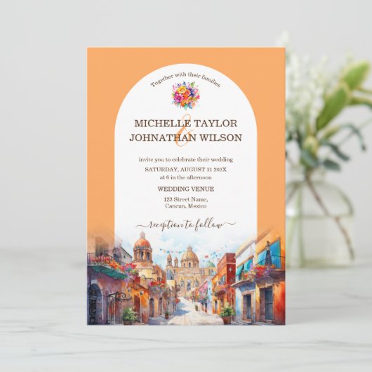 Kleurrijke Bestemming Bruiloft Mexico Bloemen Fies Kaart (Staand voorkant)