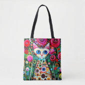 KLEURRIJKE BIG BLUE EYES CAT IN ABSTRACTE KUNST TOTE BAG (Voorkant)