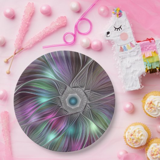 Kleurrijke Big Flower Abstract Trippy Fractal Art Papieren Bordje (Feest)