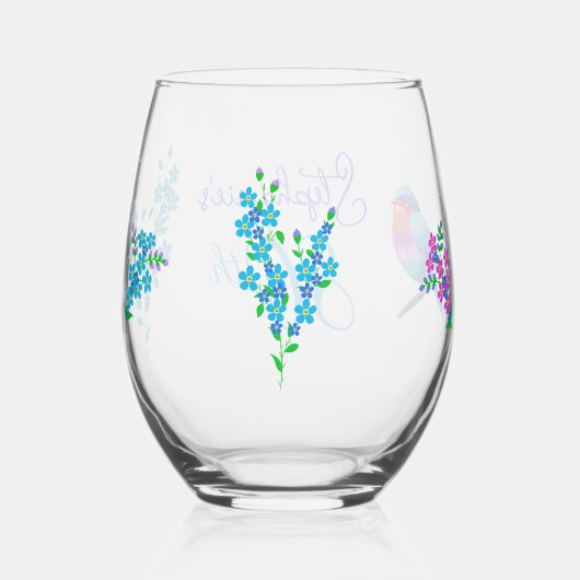 Kleurrijke Birdie Vergeet mij niet Floral 80th Ver Wijnglas Zonder Voet (Achterkant)