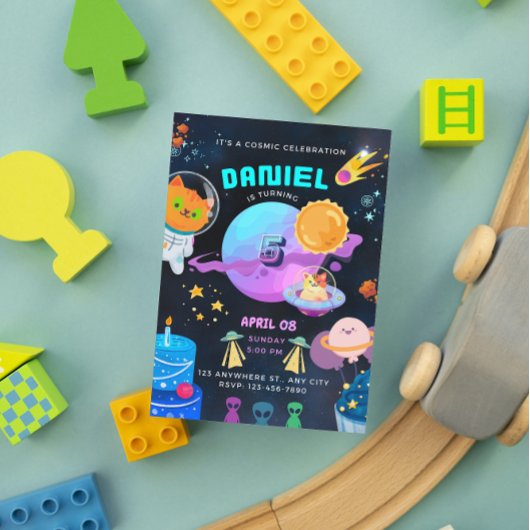 Kleurrijke Black Space verjaardagsuitnodiging Kaart