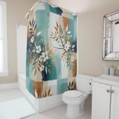 Kleurrijke Bladeren Bloemen Abstract Blauwgroen Bl Douchegordijn (In situ)
