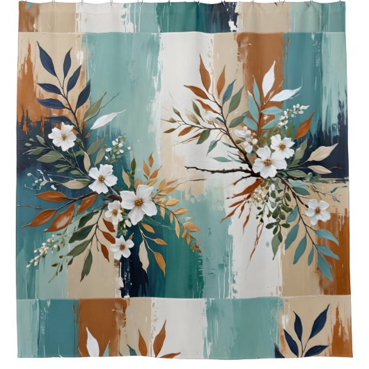 Kleurrijke Bladeren Bloemen Abstract Blauwgroen Bl Douchegordijn (Voorkant)