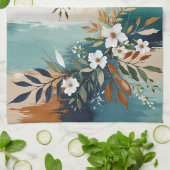 Kleurrijke Bladeren Bloemen Abstract Blauwgroen Bl Theedoek (Gevouwen)