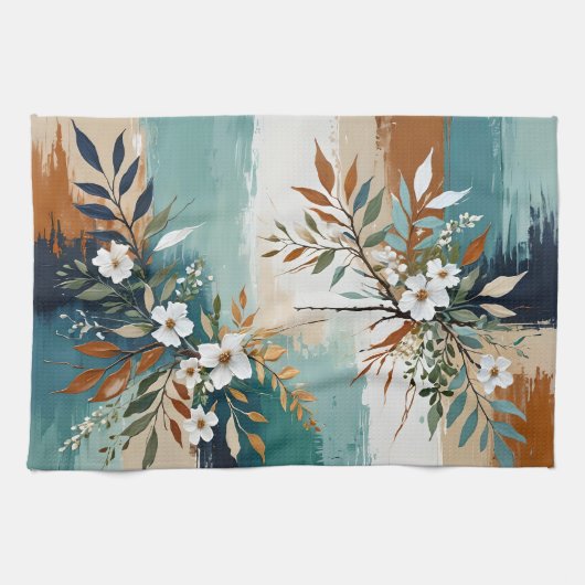 Kleurrijke Bladeren Bloemen Abstract Blauwgroen Bl Theedoek (Horizontaal)