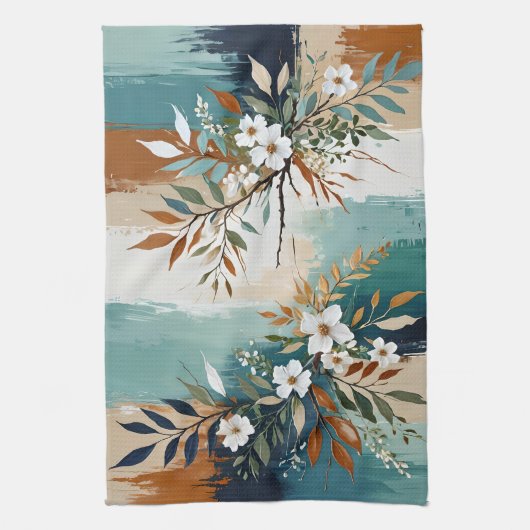 Kleurrijke Bladeren Bloemen Abstract Blauwgroen Bl Theedoek (Verticaal)