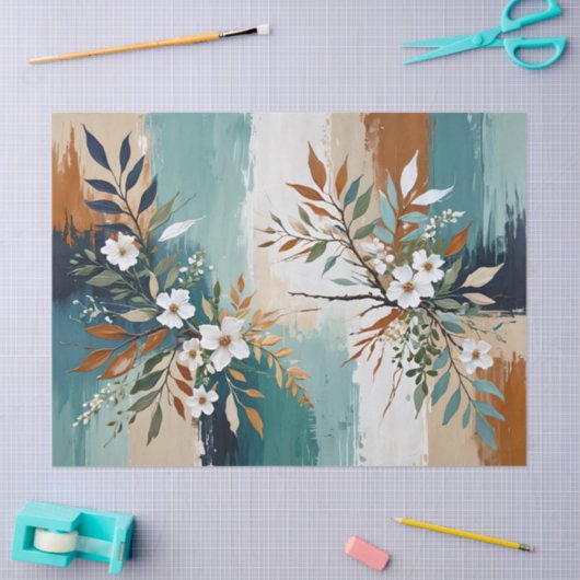 Kleurrijke Bladeren Bloemen Abstract Blauwgroen Bl Tissuepapier (Craft)