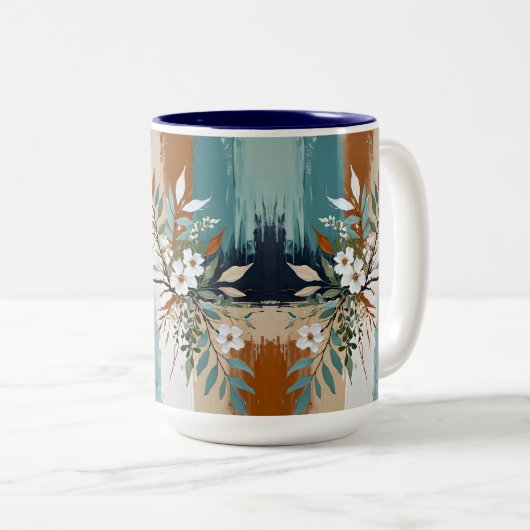 Kleurrijke Bladeren Bloemen Abstract Blauwgroen Bl Tweekleurige Koffiemok (Voorkant rechts)