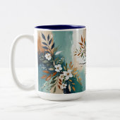 Kleurrijke Bladeren Bloemen Abstract Blauwgroen Bl Tweekleurige Koffiemok (Links)