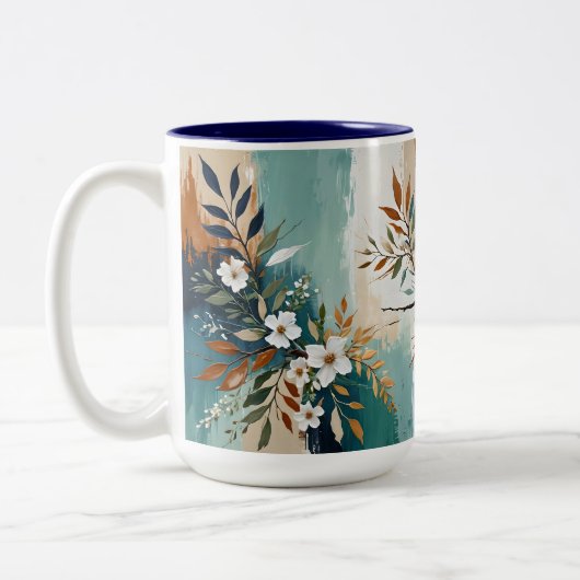 Kleurrijke Bladeren Bloemen Abstract Blauwgroen Bl Tweekleurige Koffiemok (Links)