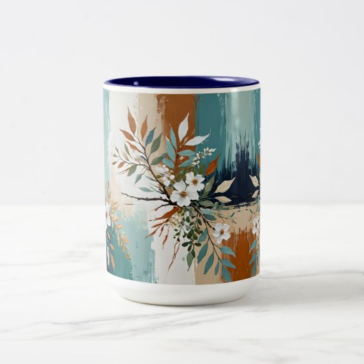 Kleurrijke Bladeren Bloemen Abstract Blauwgroen Bl Tweekleurige Koffiemok (Center)