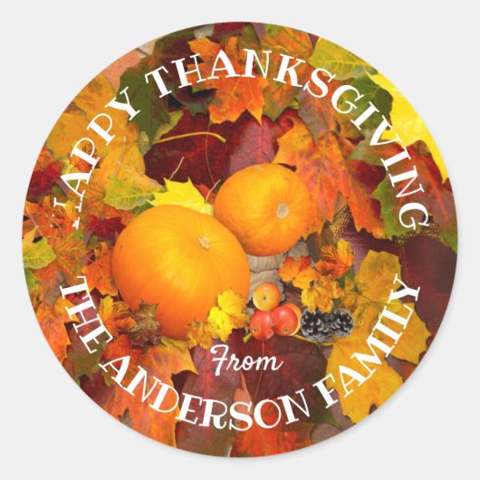 Kleurrijke bladeren en pompoenen, Happy Thanksgivi Ronde Sticker (Voorkant)