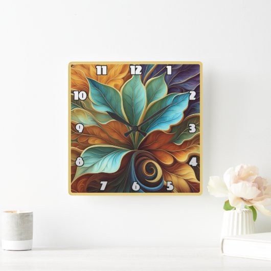 Kleurrijke bladeren in wervelend patroon ontwerp vierkante klok (Huis)