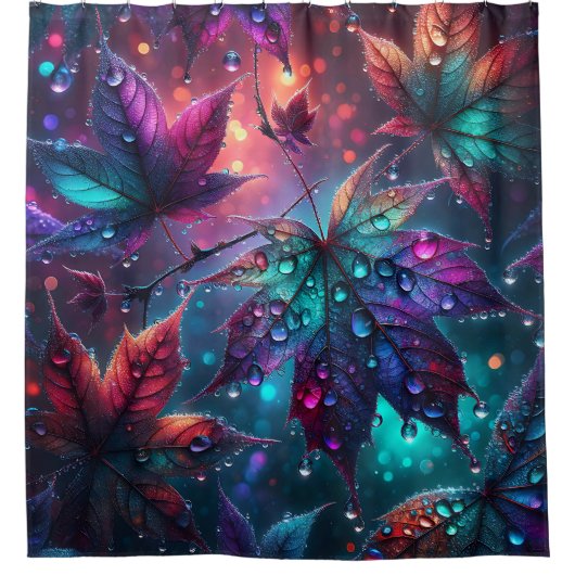 "Kleurrijke bladeren met regendruppels" Douchegordijn (Voorkant)