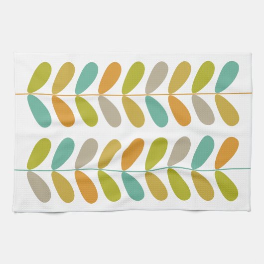 Kleurrijke bladeren op Plant retro mid century mod Theedoek (Horizontaal)