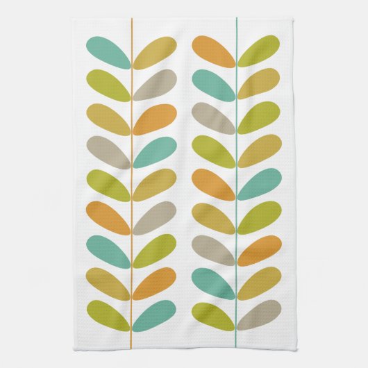 Kleurrijke bladeren op Plant retro mid century mod Theedoek (Verticaal)