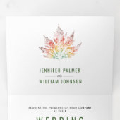 Kleurrijke bladprint mos groene herfst bruiloft drieluik uitnodiging (Binnenzijde eerst)