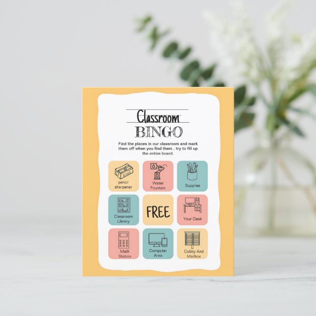 Kleurrijke Blauw & Geel Illustratief✏️🏫bingo kaar (Staand voorkant)