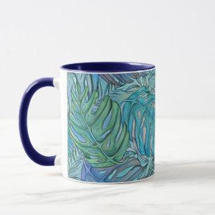 Kleurrijke blauw groene tropische bladeren waterve mok