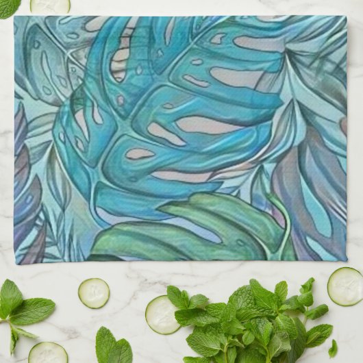 Kleurrijke blauw groene tropische bladeren waterve theedoek (Gevouwen)