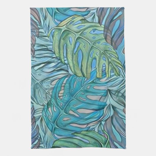 Kleurrijke blauw groene tropische bladeren waterve theedoek (Verticaal)