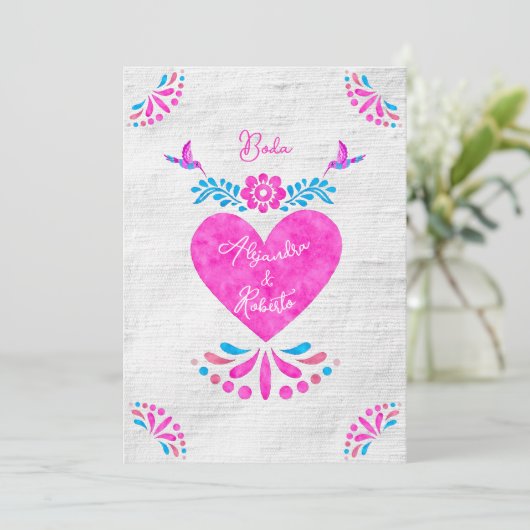 Kleurrijke Blauw Roze Hart Mexicaanse bruiloft Kaart (Staand voorkant)