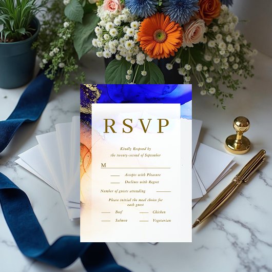 Kleurrijke Blauw Sinaasappel Goud bruiloft RSVP Ka