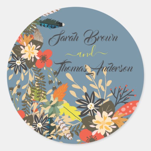 KLEURRIJKE BLAUWE BLOEMENBOHO RONDE STICKER (Voorkant)