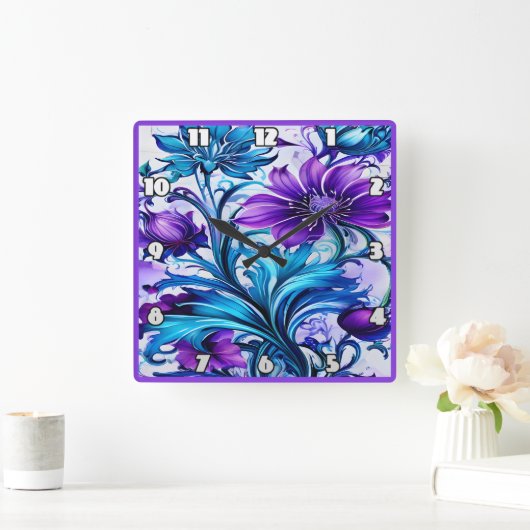 Kleurrijke Blauwe en Paarse Bloemenkunst Vierkante Klok (Huis)