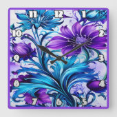 Kleurrijke Blauwe en Paarse Bloemenkunst Vierkante Klok (Voorkant)