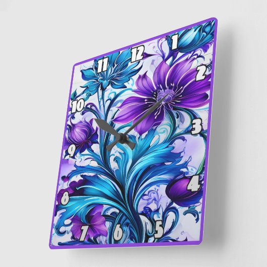 Kleurrijke Blauwe en Paarse Bloemenkunst Vierkante Klok (Hoek)