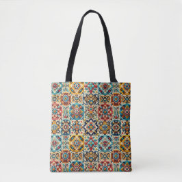  Kleurrijke Blauwe en Rode Tegels Patroon Tote Bag