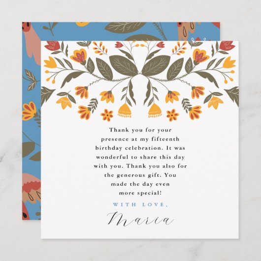 Kleurrijke Blauwe Fiesta 15e Verjaardag Dank u Kaart (Voorkant / Achterkant)