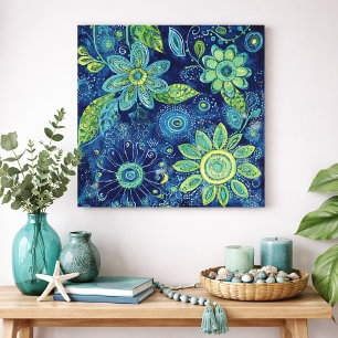 Kleurrijke Blauwe Groene Bloemrijke Folk Art Poster