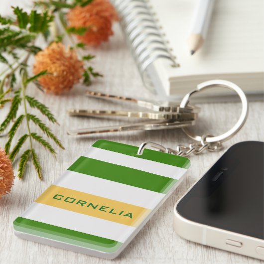 Kleurrijke blauwe groene strepen met aangepaste na sleutelhanger (Voorkant Rechts)