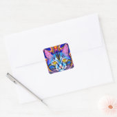 Kleurrijke Blauwe Kat met Vurige Ogen Ai Art Vierkante Sticker (Envelop)