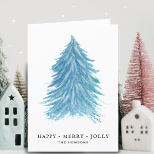 Kleurrijke blauwe kerstboom aquarel tekening Holid Feestdagen Kaart