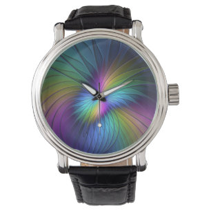 Kleurrijke Blauwe Moderne Abstracte Fractale Kunst Horloge