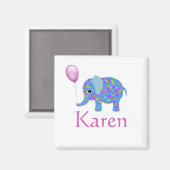 Kleurrijke blauwe olifant | Paarse ballon en naam Magneet (Voorkant / Achterkant)