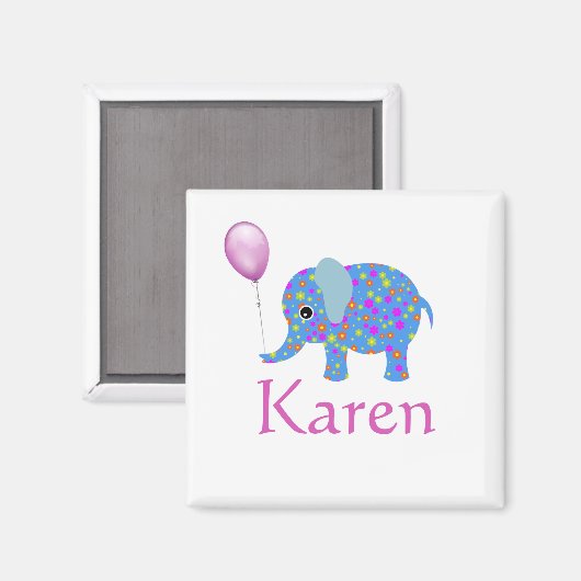 Kleurrijke blauwe olifant | Paarse ballon en naam Magneet (Voorkant / Achterkant)