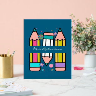 Kleurrijke Blauwe Onderwijzer Cartoon Potlood Post Acryl Bord