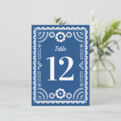 Kleurrijke Blauwe Papel Picado Trouwtafel Nummer Kaart (Staand voorkant)