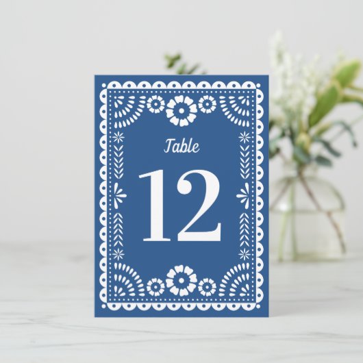 Kleurrijke Blauwe Papel Picado Trouwtafel Nummer Kaart (Staand voorkant)