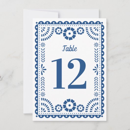 Kleurrijke Blauwe Papel Picado Trouwtafel Nummer Kaart (Voorkant)